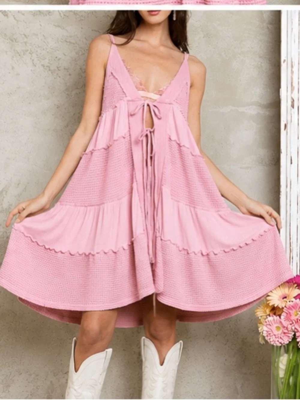 POL Waffle Tie Front Mini Dress - Picture 3 of 14